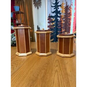Handcrafted Mixed Wood Octagonal‎ Kitchen Canister Set of 3 Rustic Farmhouse